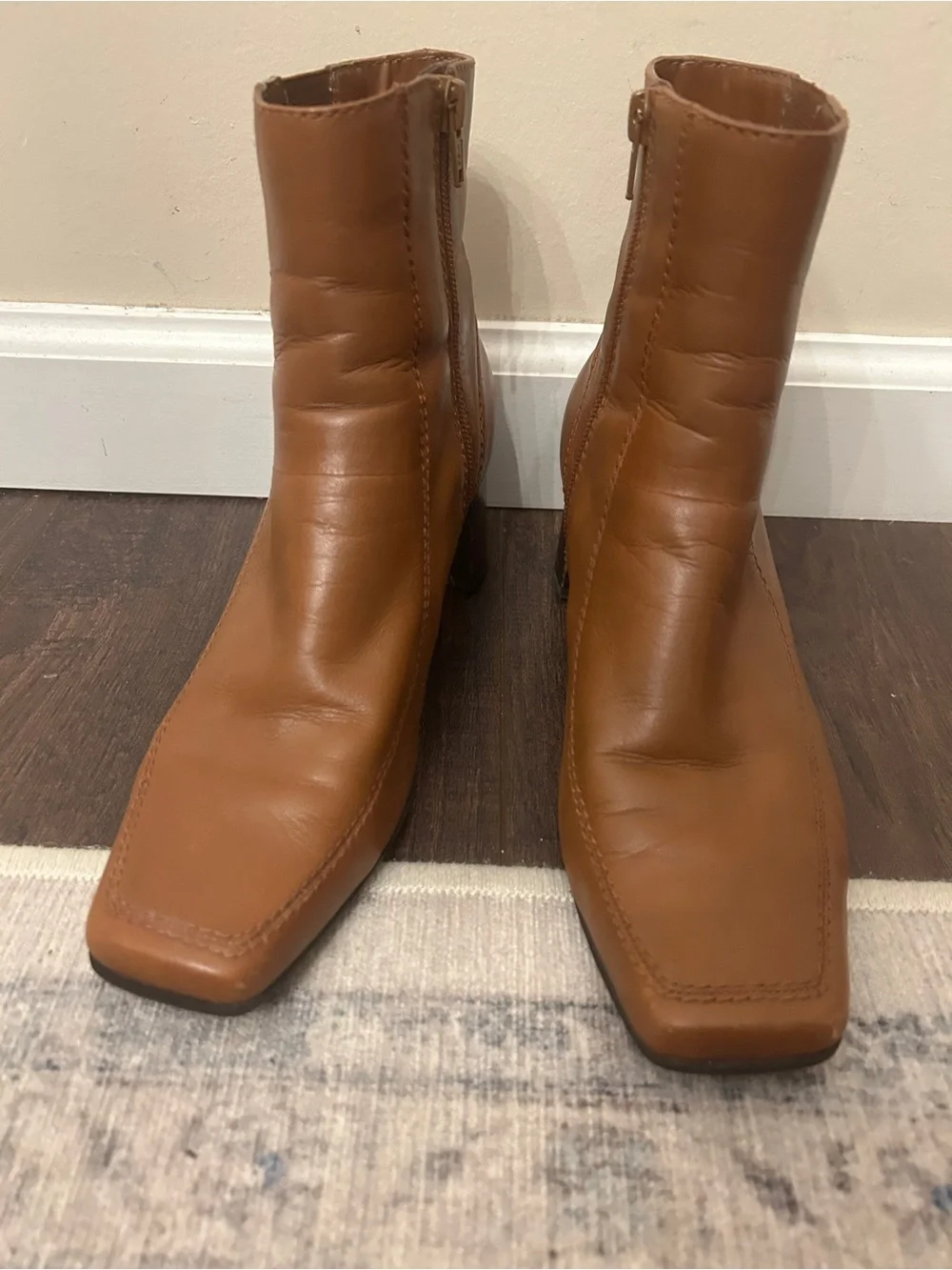 Nine West Tan Leather Square-Toe Ankle Boots Sz 7.5 Fall Y2K Inspo Block Heel